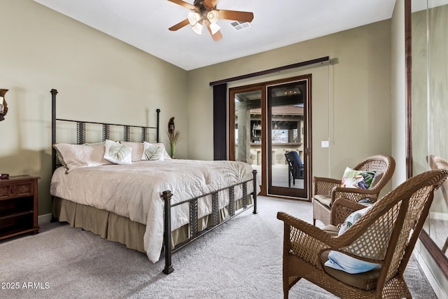 bedroom featuring access to outside, ceiling fan, and light colored carpet