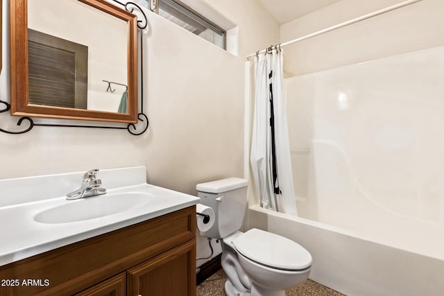 full bathroom featuring vanity, toilet, and shower / bathtub combination with curtain