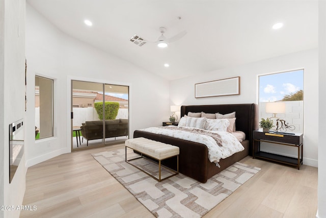 bedroom featuring visible vents, baseboards, recessed lighting, access to outside, and light wood-type flooring