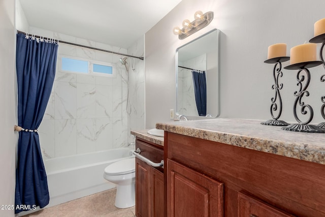 full bathroom with toilet, shower / bath combination with curtain, tile patterned floors, and vanity