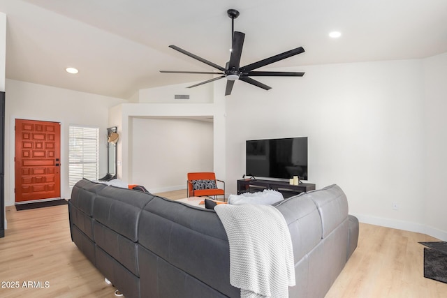 13918 N 78th Ave, Peoria, AZ 85381 - living room featuring ceiling fan, light wood finished floors, baseboards, recessed lighting, and lofted ceiling