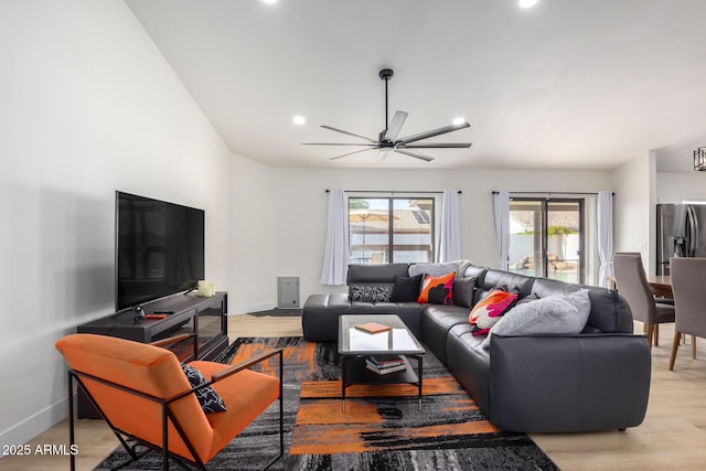 13918 N 78th Ave, Peoria, AZ 85381 - living room featuring baseboards, light wood-style floors, recessed lighting, and ceiling fan