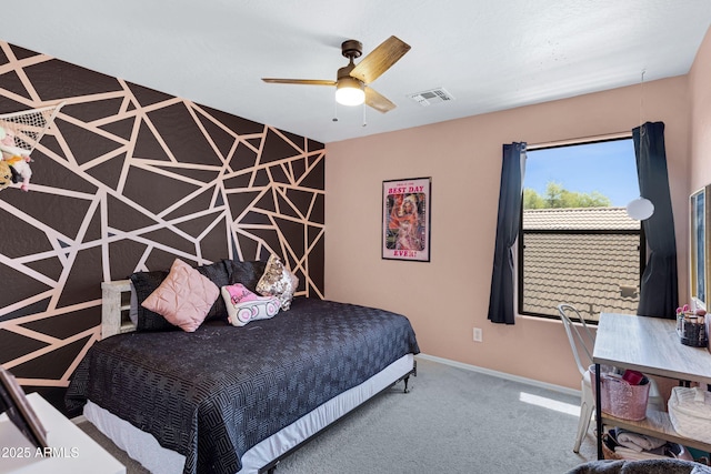 bedroom featuring visible vents, carpet, and baseboards