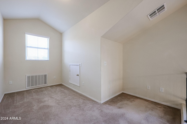 additional living space featuring light colored carpet and vaulted ceiling