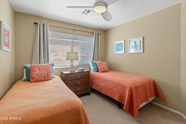 bedroom with a ceiling fan, light carpet, baseboards, and visible vents