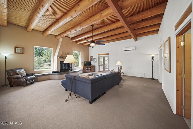 carpeted living room with wood ceiling, an AC wall unit, and beam ceiling