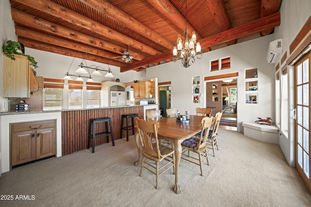 dining room featuring ceiling fan with notable chandelier, light carpet, wooden ceiling, beam ceiling, and a wall unit AC
