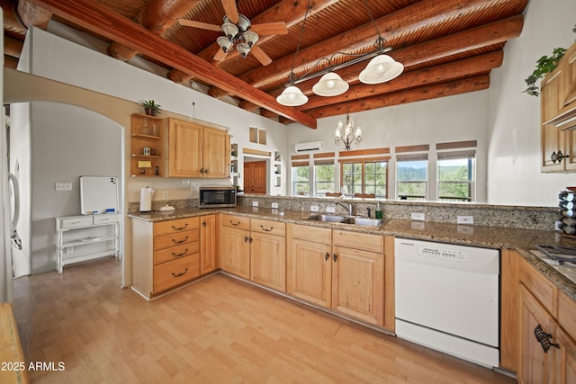 kitchen featuring white dishwasher, a sink, wood ceiling, light wood finished floors, and beamed ceiling