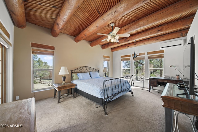 carpeted bedroom featuring beam ceiling, a wall unit AC, and multiple windows