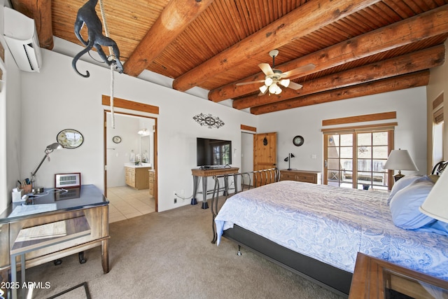 bedroom with wood ceiling, ensuite bath, carpet flooring, beam ceiling, and a wall unit AC