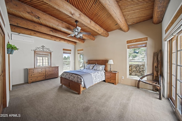 carpeted bedroom with beamed ceiling, ceiling fan, a wall mounted AC, and wood ceiling