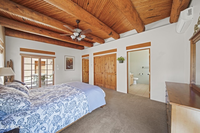 bedroom with beamed ceiling, carpet floors, wood ceiling, a wall mounted AC, and ensuite bathroom