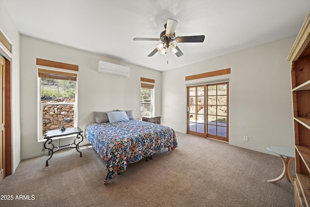 carpeted bedroom with a ceiling fan, an AC wall unit, access to outside, and multiple windows