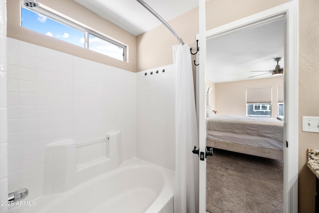 full bath with ceiling fan, ensuite bath, and shower / bath combo with shower curtain