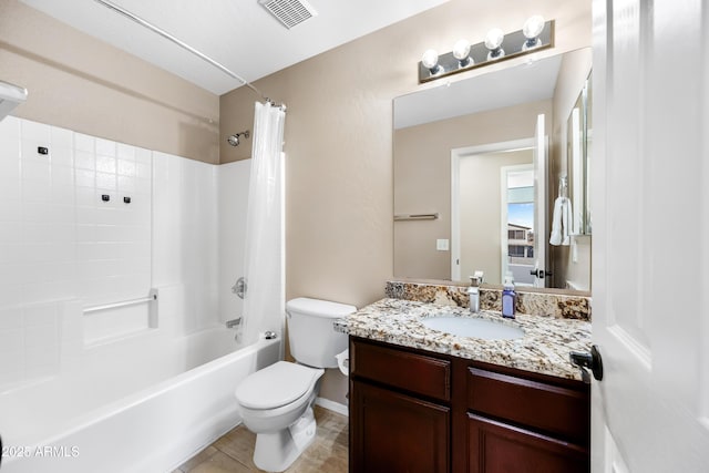 full bath featuring toilet, visible vents, shower / bath combo with shower curtain, and vanity