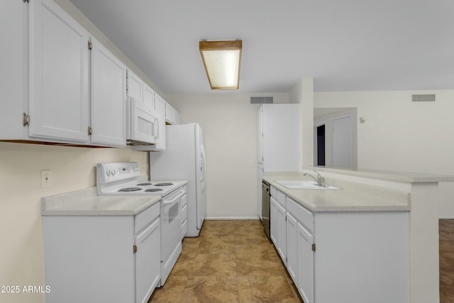 kitchen featuring white cabinetry, white appliances, kitchen peninsula, and sink