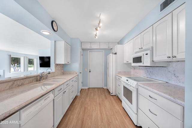 kitchen featuring visible vents, backsplash, white cabinetry, a sink, and white appliances