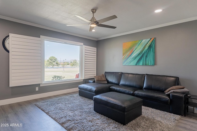 living room with crown molding, ceiling fan, and hardwood / wood-style floors