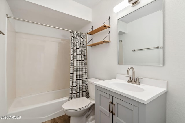 full bath featuring toilet, shower / bath combo with shower curtain, wood finished floors, and vanity
