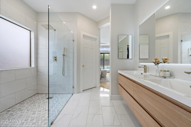 19203 N 39th Way, Phoenix, AZ 85050 - bathroom with a sink, a walk in shower, marble finish floor, and recessed lighting