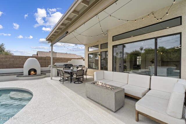 19203 N 39th Way, Phoenix, AZ 85050 - view of patio / terrace featuring an outdoor living space with a fire pit, outdoor dining space, a fenced in pool, and fence