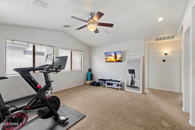 19203 N 39th Way, Phoenix, AZ 85050 - workout area featuring visible vents, carpet floors, vaulted ceiling, and ceiling fan