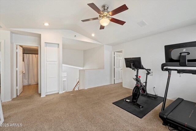 19203 N 39th Way, Phoenix, AZ 85050 - workout room featuring a ceiling fan, carpet, lofted ceiling, and recessed lighting