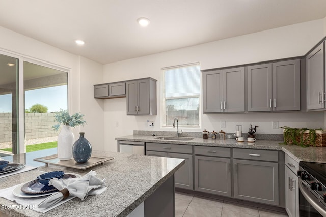 1879 W 23rd Ave, Apache Junction, AZ 85120 - kitchen featuring a sink, gray cabinetry, appliances with stainless steel finishes, recessed lighting, and light tile patterned floors