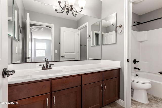 full bathroom featuring a chandelier, shower / bathing tub combination, vanity, and toilet