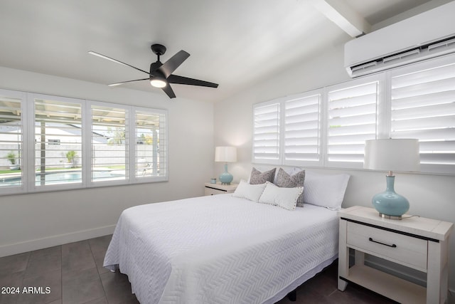 tiled bedroom with a wall mounted air conditioner, ceiling fan, and multiple windows