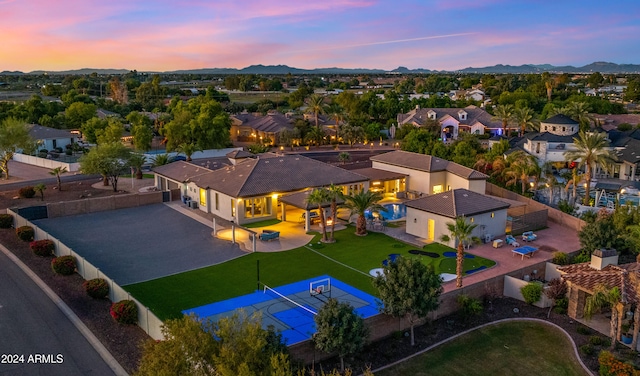 view of aerial view at dusk