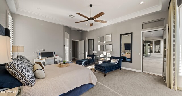 bedroom featuring carpet floors, a towering ceiling, baseboards, visible vents, and crown molding