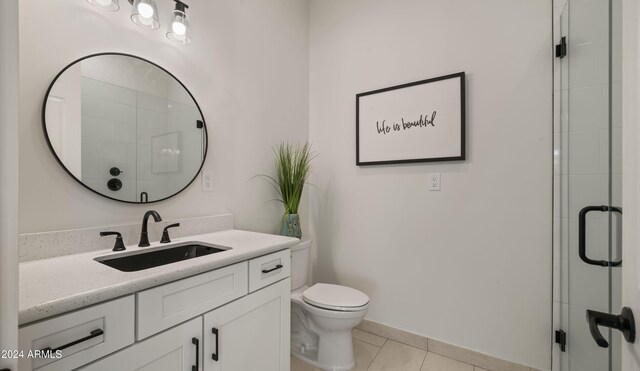 bathroom featuring tile patterned floors, vanity, toilet, and an enclosed shower