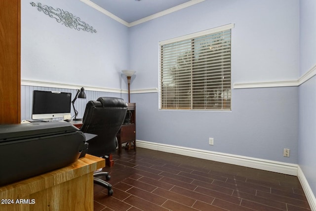 office featuring dark hardwood / wood-style floors and crown molding