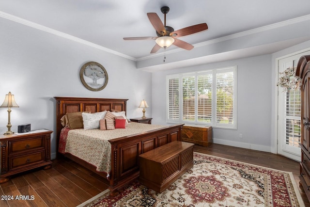 bedroom featuring ceiling fan, crown molding, and dark hardwood / wood-style floors