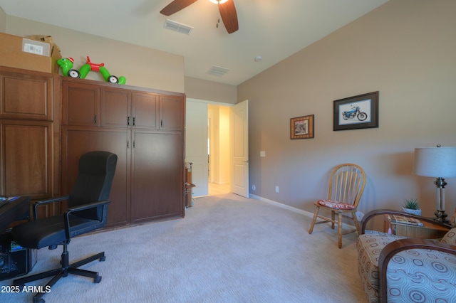 4576 W Agave Ave, Eloy, AZ 85131 - home office with light carpet, baseboards, visible vents, and a ceiling fan