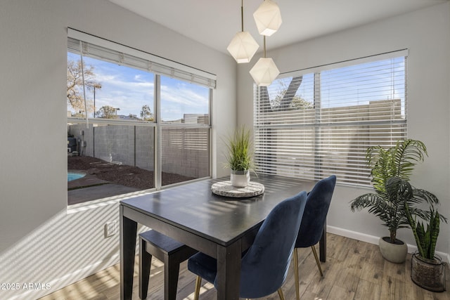 dining space with hardwood / wood-style floors