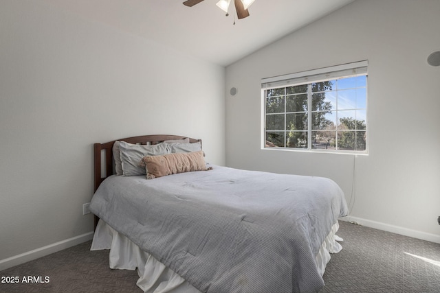 carpeted bedroom with lofted ceiling and ceiling fan