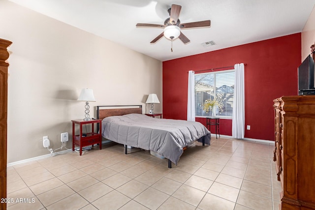 bedroom featuring ceiling fan and light tile patterned flooring