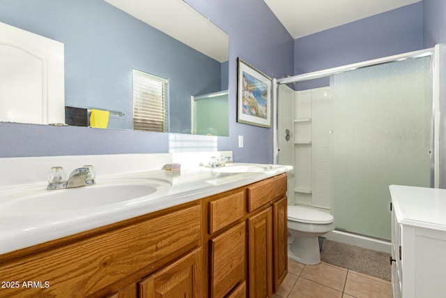 bathroom featuring toilet, vanity, tile patterned flooring, and a shower with door