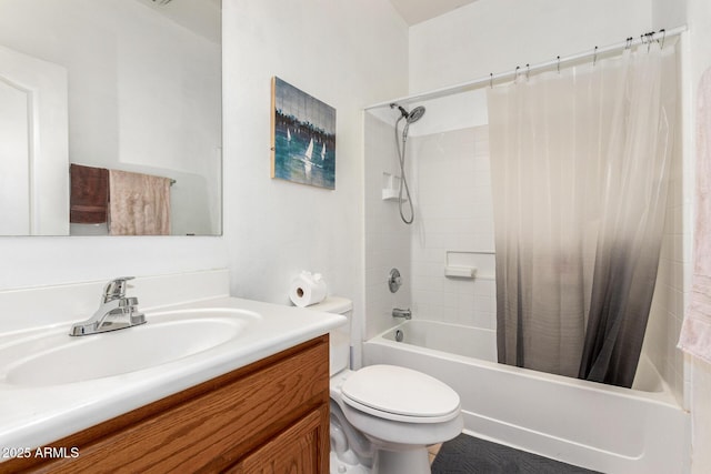 full bathroom with toilet, shower / bath combination with curtain, and vanity