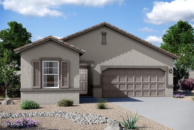ranch-style house featuring stucco siding, an attached garage, and concrete driveway