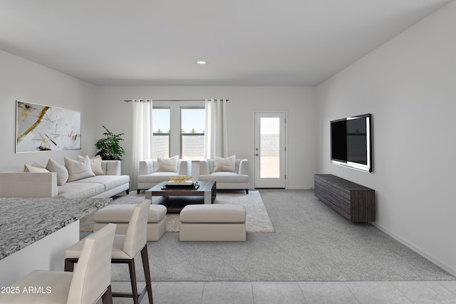 living area featuring light colored carpet, baseboards, and recessed lighting
