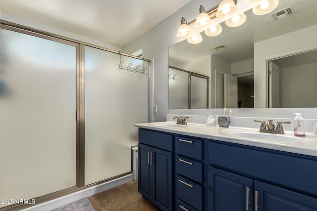 bathroom featuring a shower stall, visible vents, and a sink