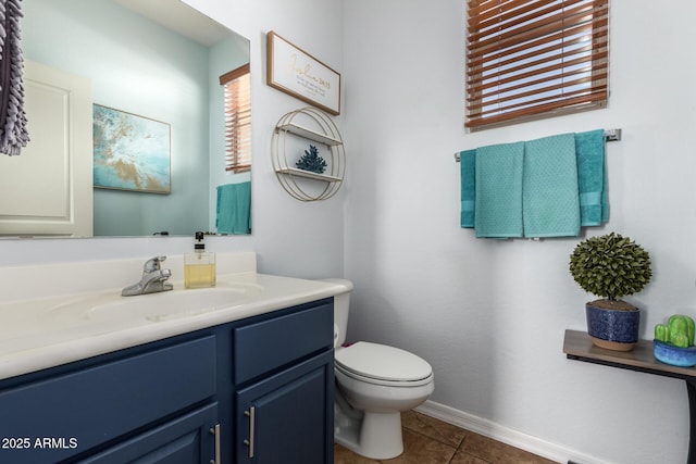 bathroom with tile patterned floors, toilet, vanity, and baseboards