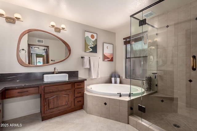 full bath featuring visible vents, a shower stall, and a bath