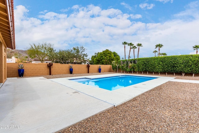 view of swimming pool featuring a patio, a fenced backyard, and a fenced in pool