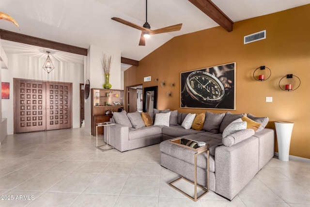 living room with beam ceiling, light tile patterned floors, visible vents, a ceiling fan, and high vaulted ceiling