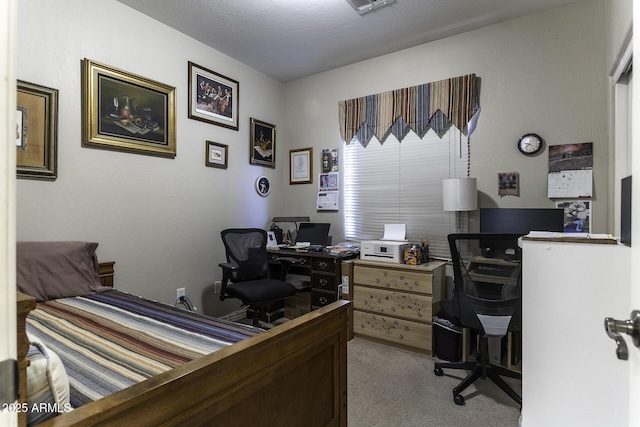 bedroom with light carpet and a textured ceiling