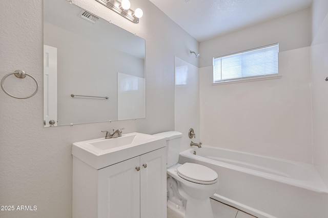 full bath featuring vanity, visible vents, toilet, and shower / washtub combination